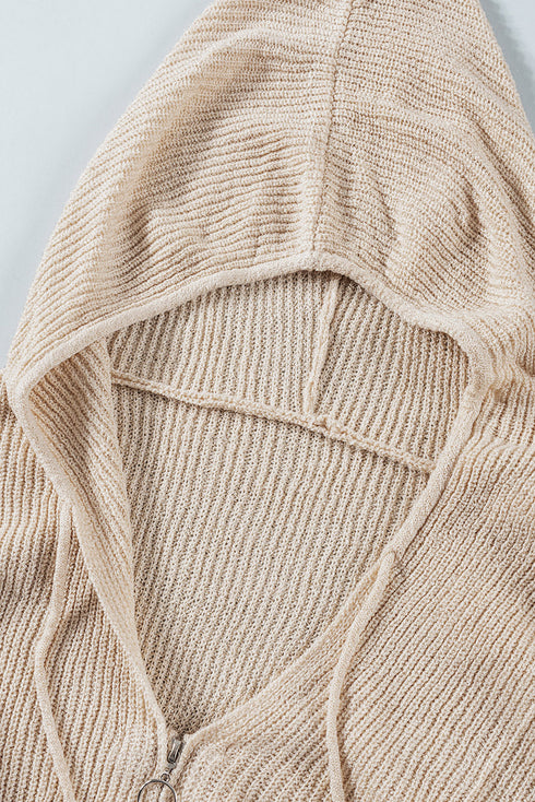Zipper V-Neck Dropped Sleeve Hooded Solid Sweater
